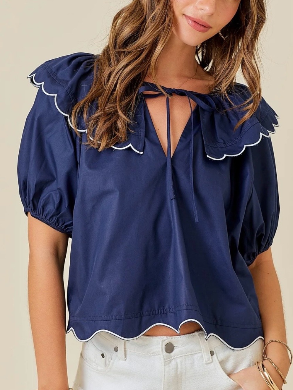Scalloped Collar Navy Puff-Sleeve Blouse